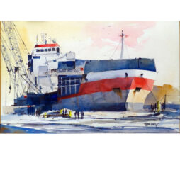 White Cargo Freighter Original Watercolor #041